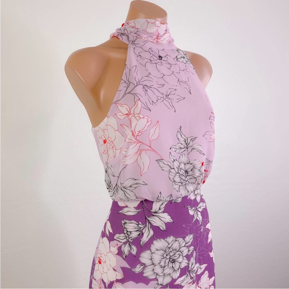 Belle Badgley Mischka Floral Halter Tie Neck Rhisa Midi Dress Lilac - Picture 3 of 13